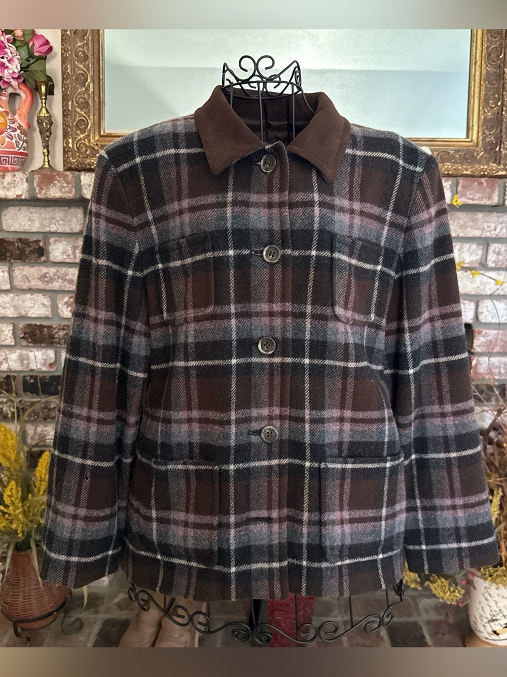 Vtg Pendleton Women’s Brown Blue Pink Plaid 100% Wool Blazer Jacket Petite 10